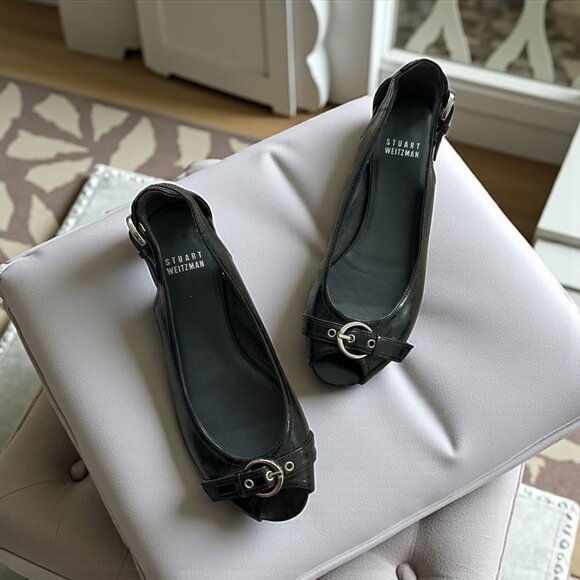 STUART WEITZMAN Black Patent Leather Peeptoe Buckle Flats Size 6.5 - Picture 1 of 9